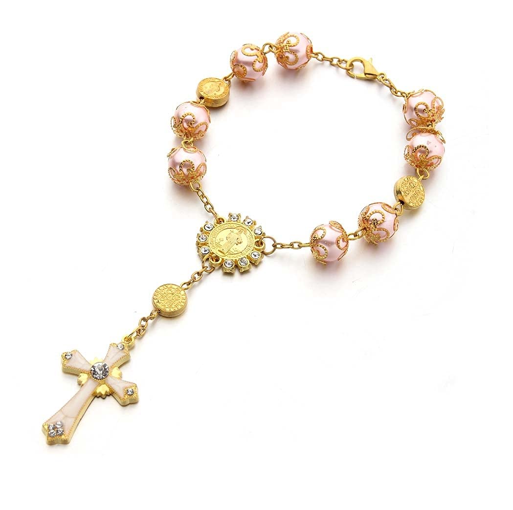 Faith & Gospel Pink Gold Rosary Beads Bracelet Medal Catholic Cross Religious Prayer Chaplet Handmade Communion Confirmation Car Pocket