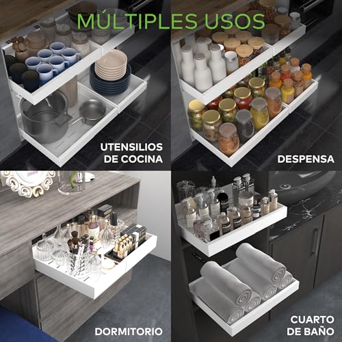 Removable Drawers for Kitchen, Adhesive Telescopic Cupboard Tray, Adjustable Width 32-52 cm, for Home Storage and Organizer, No Drilling, Single Pack White