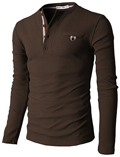 H2H Men's Casual Long Sleeve Tops V-Neck With Buttons Pullover Brown US L/Asia XL (KMTTL062)
