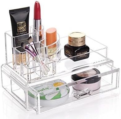 Kamay's Small Transparent Multifunction Detachable Combination Double-Deck Acrylic Make Up Organiser Cosmetic Box 8 Sections Lipstick Makeup Brush Tray Plus 1 Drawer(SF-1061)