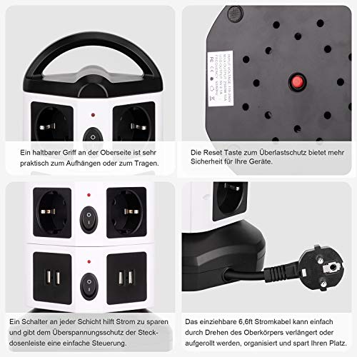 bedee Steckdosenleiste, Vertikale Mehrfachsteckdose, 6 Fach Steckdosenturm mit 4 USB Ladeanschlüsse Überspannungsschutz Steckdose, Tragbar Steckdosen mit Schalter 6,6ft Kabel für TV/PC/Laptops/iPhone