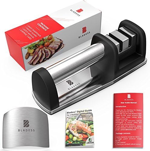 Kitchen Knife Sharpener by Bladess | Best Knife Sharpening Kit + Stainless Steel Adjustable Finger Guard for Cutting + Bladess' Digital Guide for a Healthier Version of You