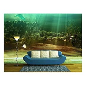 an Underwater Landscape with Fishes and Dolphin - Removable Wall Mural | Self-Adhesive Large Wallpaper - 66x96 inches