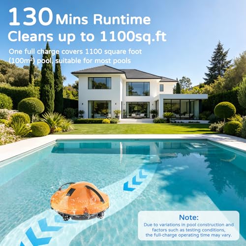 KOSGHO 2026 New Cordless Robot Pool Vacuum, Automatic Pool Cleaner Robot with Dual-Motor, 130mins Runtime & Auto Parking Robotic Pool Vacuum for Above Ground Pool Up to 1100 Sq.Ft,JQR-V201,Orange