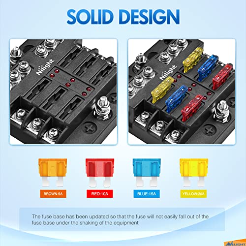 Nilight 6 Way Blade Fuse Block 6 Circuits with Negative Bus Fuse Box