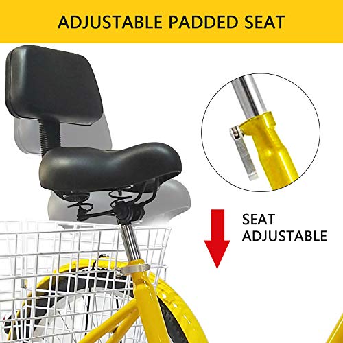 SURPCOS Adult Tricycle Cruise Bike Full Size 3 Wheeled Trike Bicycle with Wire Shopping Basket (Yellow, 7-Speed, 24" Wheel) - Thumbnail 2