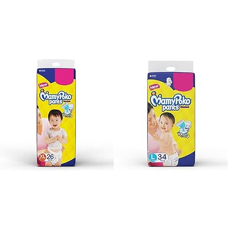 MamyPoko Pants Standard Diapers, Extra Large (Pack of 26) & MamyPoko Pants Standard Diapers, Large (Pack of 34)