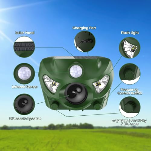 Ultrasonic Animal Deterrent Outdoor, Solar Power Cat Rodent Raccoon Repeller, Rabbit Snake Control Device with Motion Sensor and FIashing Light, Waterproof Outdoor Animal Device for Deer Squirrel