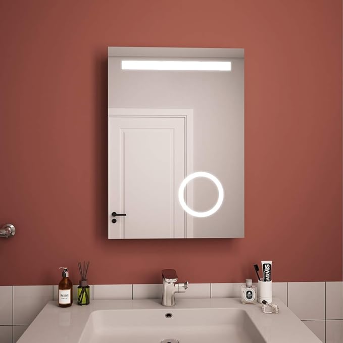 EMKE Bathroom Mirror with Lights and Shaver Socket, Modern Wall Mounted