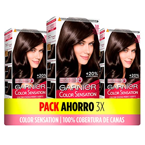 Garnier Color Sensation Pack of 3 Dye Boxes: Long-Lasting and Vivid Colour, Full Grey Coverage, Easy Bowl and Brush Application, Silky Soft Hair, 3.0 Dark Brown