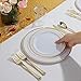 IOOOOO Gold Plastic Plates & Plastic Silverware & Gold Cups 150 Piece, Premium Disposable Dinnerware Set Includes: 25 Dinner Plates, 25 Dessert Plates, 25 Tumblers, 25 Forks, 25 Knives, 25 Spoons