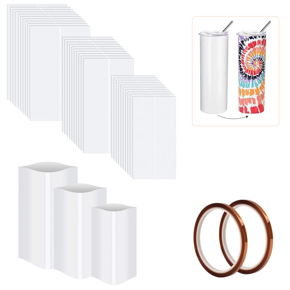 BUENTYA 30 Pcs Sublimation Shrink Wrap Film, 3 Size Heat Transfer Shrink Wrap Film White Sublimation Shrink Film with 2 Roll heat resistant tape for Skinny Tumbler, Mugs, Cups, More Blanks Sublimation