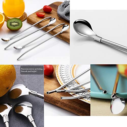 image for Pinowu Reusable Spoon Drink Straws Value Pack 6pcs with 2 Clean Brush 