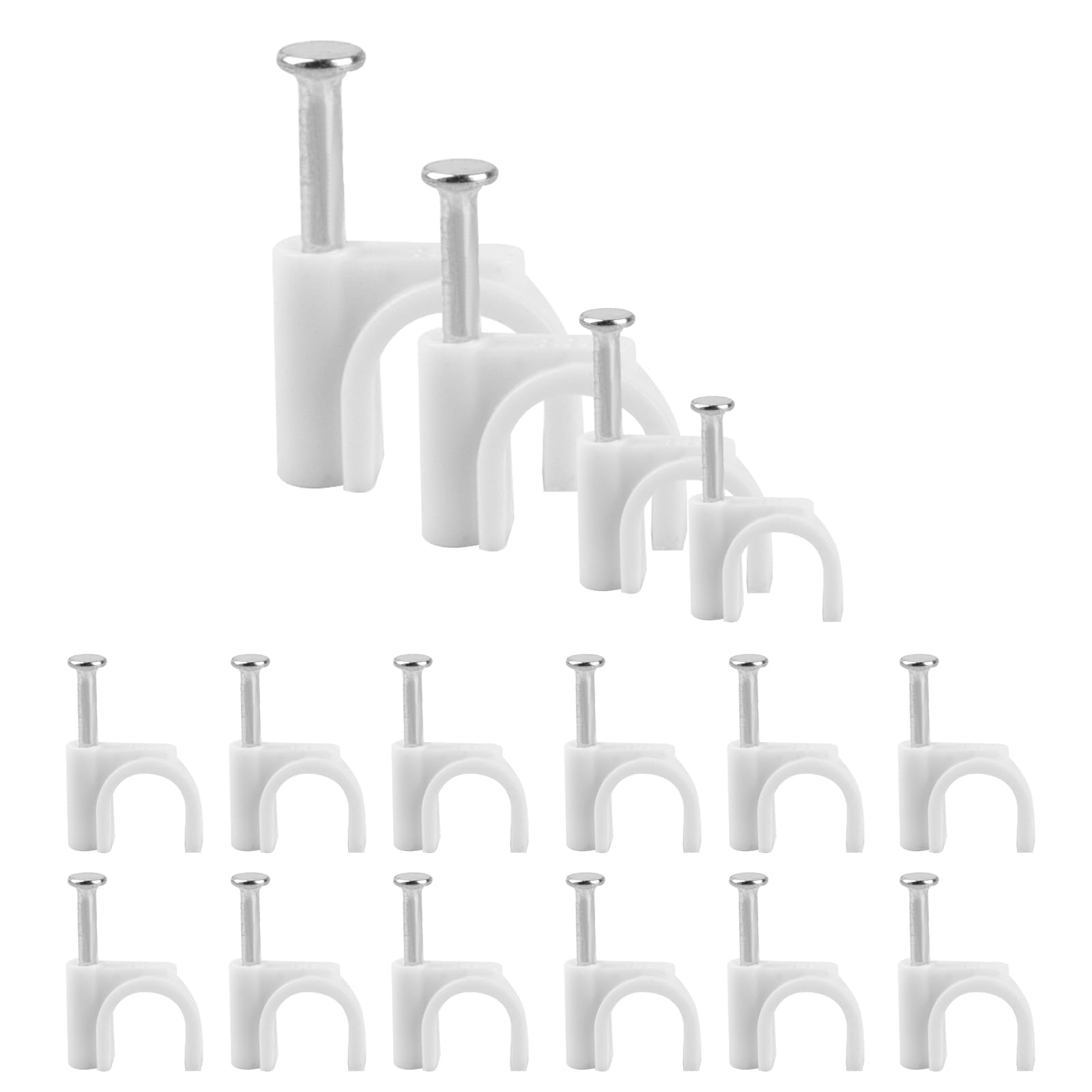 4 Sizes White Cable Clips - Round, Tidy, Wall Clips With Steel Nails - 4mm 6mm 8mm 10mm Wire Tacks for Ethernet, Telephone Line, TV, USB (400 Pieces)