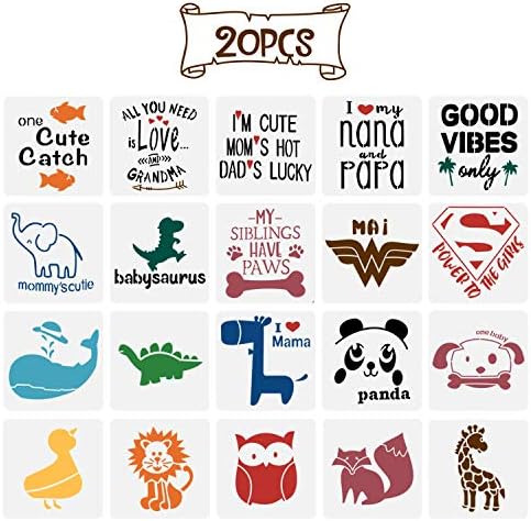 Amazon Com 20 Pack Onesie Stencil Kit Mixed Animals Pattern Painting Stencils Baby Shower Onesie Decorating Reusable Templates For Painting On Fabric Bodysuit Bags Shirts Shoes Bibs Home Decor Kitchen Dining