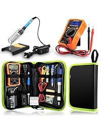 Anbes Kit de soldador de 60 W, herramienta de soldadura de temperatura ajustable, multímetro digital, 2 puntas de soldador, bomba desoldadora, cortador pelador de cables, pinzas, soporte de soldador, 2 piezas de alambre electrónico