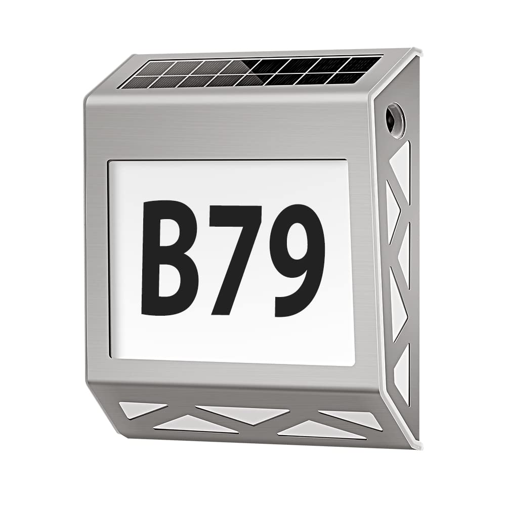 YOHAYO Solar Illuminated House Number 8 LEDs Solar House Number with Twilight Switch Made of Stainless Steel 3 Lighting Modes IP54 Waterproof Outdoor with Numbers 0-9 & Letters A-Z