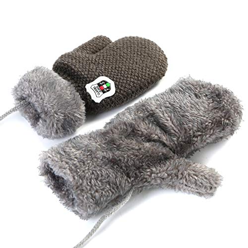 Winter Warm Baby Gloves Mittens - Infant Toddler Kids Knit Plush Lined Gloves Mittens with String for Baby Girls Boys 6 Months - 5 Years (Grey)