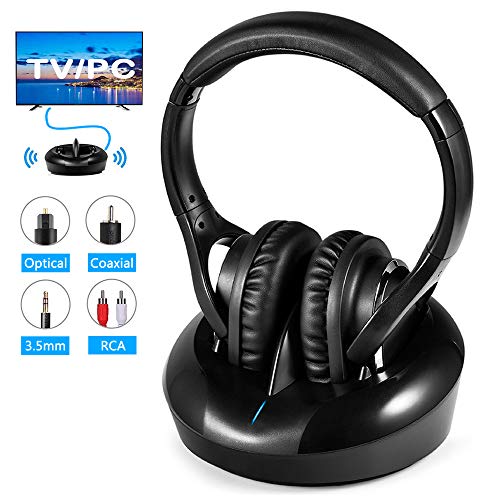 Wireless RF TV Headphones Optical 2.4GHz UHF HiFi Transmitter 328 feet Wireless Range Clear Stereo Sound with Charging Dock for Smart TV PC Phone Laptop (Headphone with RF Transmitter)