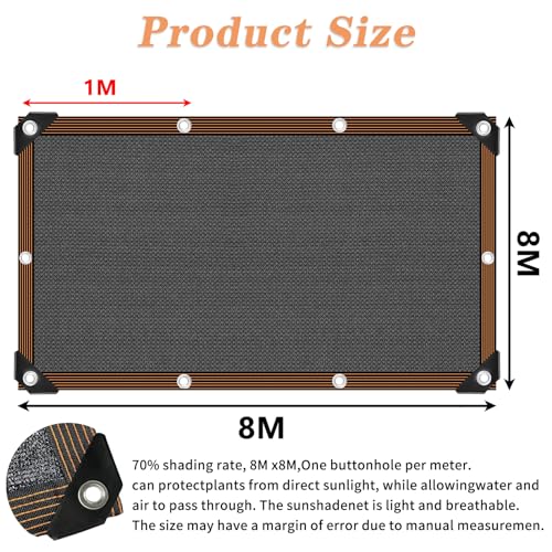 QLOFEI Shade Net, 60%-70% Outdoor Sun Protection Mesh Shade with Grommets, Outdoor Shading Mesh for Garden Pergola Greenhouse Lawn Chicken Coop, Easy to Hang (Black-8x8m)