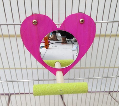 Bird Parrot Mirror Toy Cage Standing Perch Wood Fun Toy Parrot Parakeet Budgies Cockatiel Conure Finch Lovebird African Grey Macaw Amazon Cockatoo Birdcage Wood Stand Perch(Color Random) (Heart Shape)