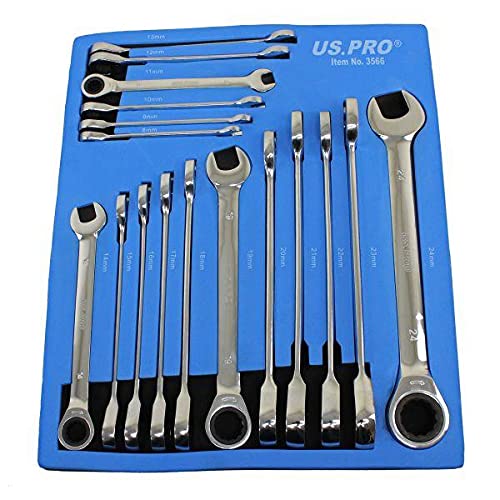 US PRO Tools 17pc 8mm-24mm Metric Gear Ratchet Wrench Spanner Set Eva Foam Tray 3566