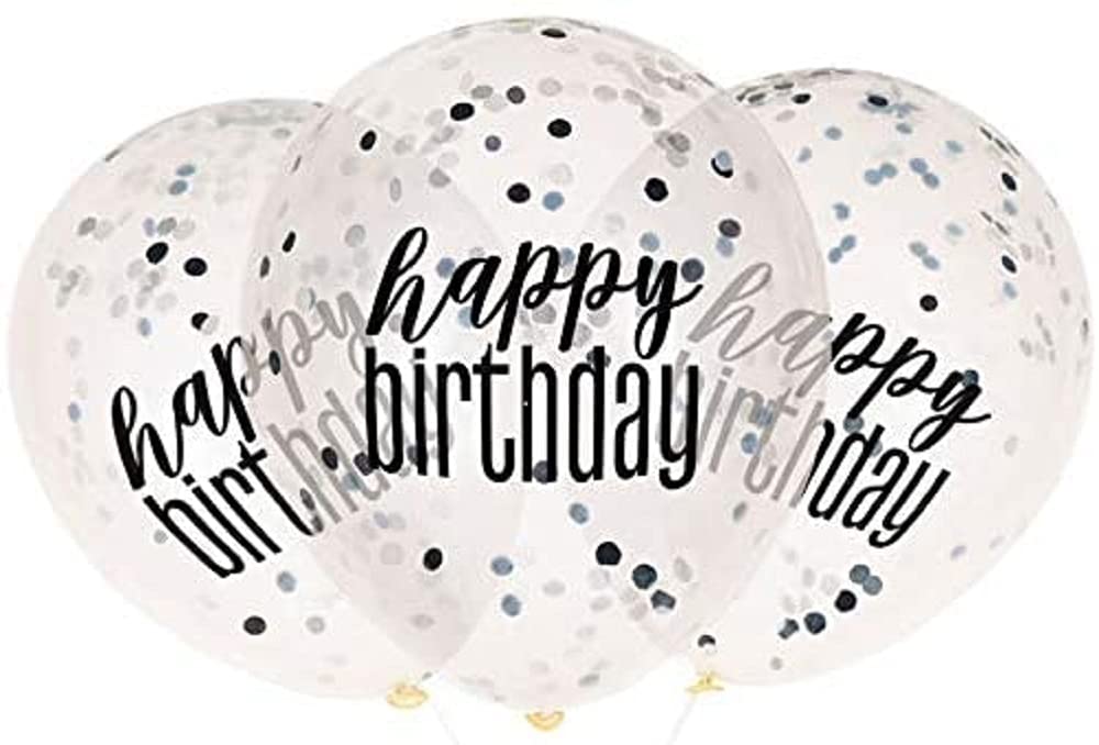 Clear Printed Glitz Happy Birthday Latex Balloons with Confetti Black & Silver (30cm) - Perfect for Party Decor, Birthday & More - 6 Pcs