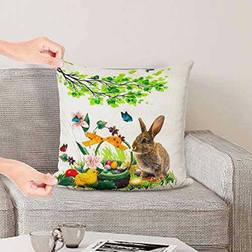 JOHOUSE 4 Pieces Easter Pillowcase, Rabbit Eggs Linen Pillow Cushion Case Easter Bunny Upholstered Sofa Pillowcases, 18 x 18 inch