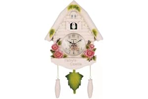 EPIPHQNY Wall Clock,European Pastoral Style Resin Cuckoo Wall Clock Bird for Time Bell Swing Alarm Watch Cartoon Vintage Antique Home Art Decoration, 26*42cm, White Flowers