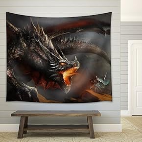 Fantasy Scene Knight Fighting Dragon - Fabric Wall Tapestry Home Decor - 51x60 inches