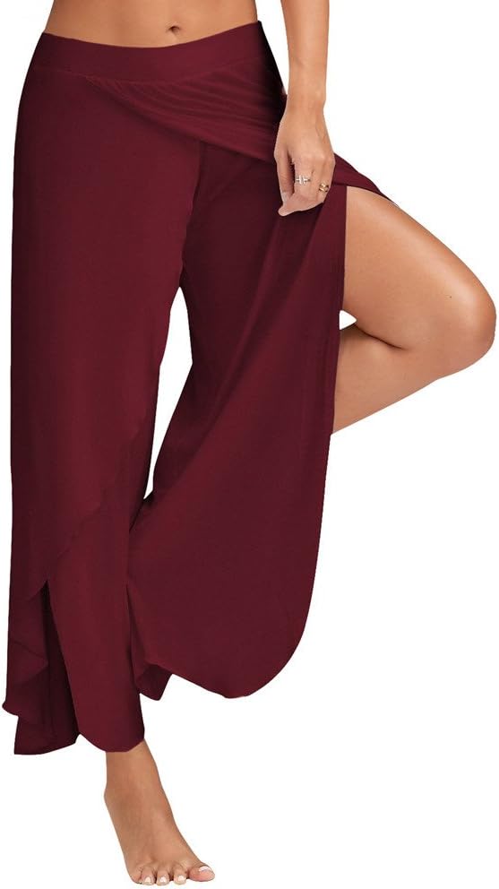 SiYuan Womens High Split Palazzo Pants Layered Elastic Wide Leg Pants Wine Red XXL 5325