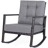 Merax Rocking Wicker Rattan Chair Armchair Outdoor Patio Garden Furniture with Grey Cushions