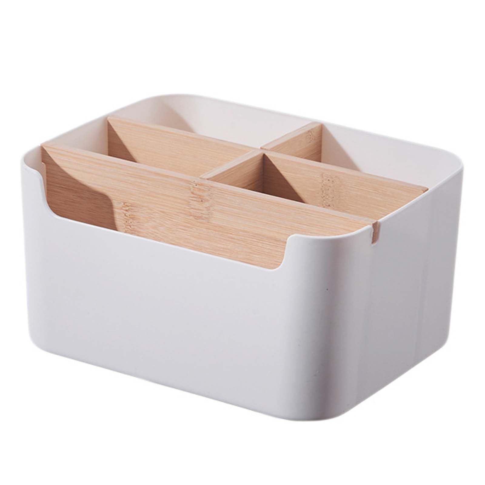 Desk Organizer Box, 5 Compartments Office Organizer, Multifunctional Makeup Storage Box Container Removable Desk Organizer, Desktop Storage Box Wooden, for Office Supplies, Lotions, Brushes (White)