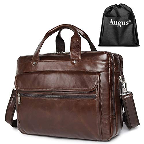 Augus Genuine Leather Mens Briefcase businessTravel Bags 15.6 Inch Laptop Bag YKK Zipper, Coffee