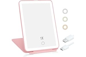 Koolstuffs Travel Mirror for Makeup, Rechargeable Light up Pink Mirror with 72 LED Lights,1000mAh Batteries, 3 Colors Light Modes USB Portable Desktop Mirror with Dimmable Touch Screen (Pink)