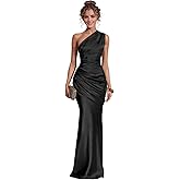 GRILSONTOP One Shoulder Bridesmaid Dresses Long Silk Satin Formal Evening Gowns Pleated Wedding Guest Dress for Women