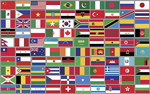 Sheet of Top 100 Different WORLD COUNTRY Flag Stickers (scrapbooking countries small)