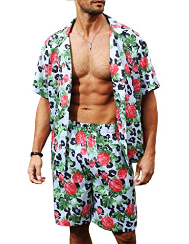 LUCKYOUNG Men's Flower Button Down Hawaiian Sets Casual Short Sleeve Shirt and Shorts Suits Set 2 Piece Bluerose Medium