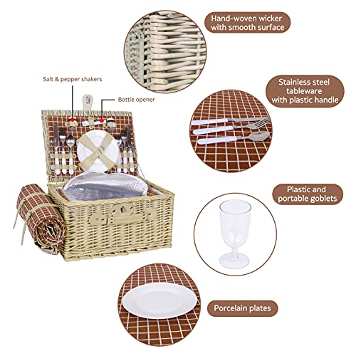 Willow Picnic Basket Set for 4 Person Wicker Hamper Sets with Picnic Blankets, Picnic Cutlery