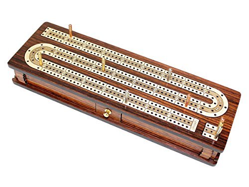 House of Cribbage - Continuous Cribbage Board / Box Inlaid in Rosewood / Maple 12" - 3 Tracks - Sliding Lid Drawer