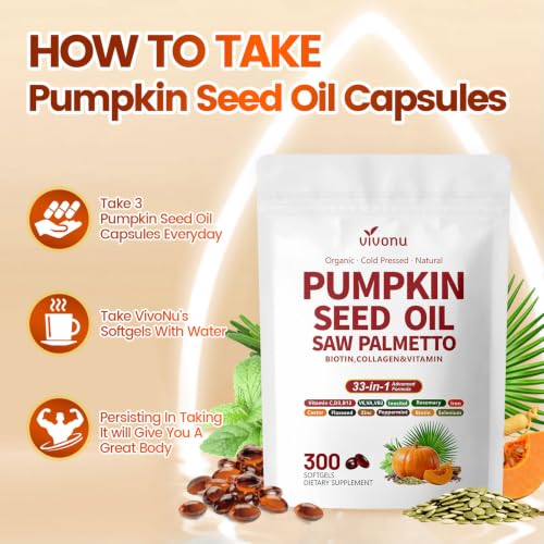 VivoNu Pumpkin Seed Oil with Saw Palmetto Capsules | 300 Count| 33 in 1 Vitamin C D3 B12 E A, Castor, Zinc, Biotin, Iron, Peppermint | Hair Growth & DHT Blocker for Women Men