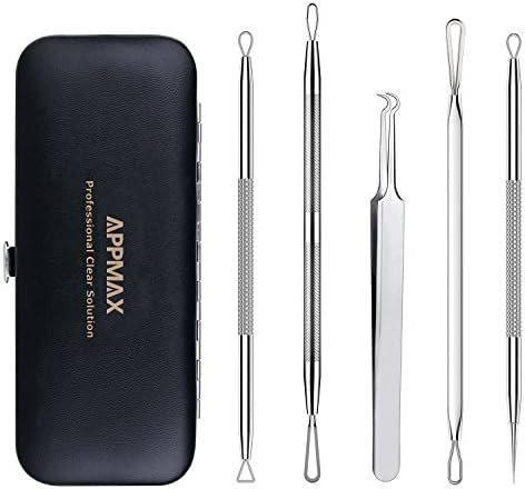 Blackhead Remover Pimple Comedone Extractor Tool - Acne Removal Kit - Treatment for Blemish,Whitehead Popping,Zit Removing for Risk Free Nose Face Skin with Zipper Case-by Appmax Care (Silver-5 Set)