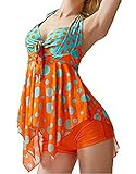 FIYOTE Women Sweetheart Halter Backless Polka Dots Tankini Swimsuits with Swim Shorts X-Large Size Orange