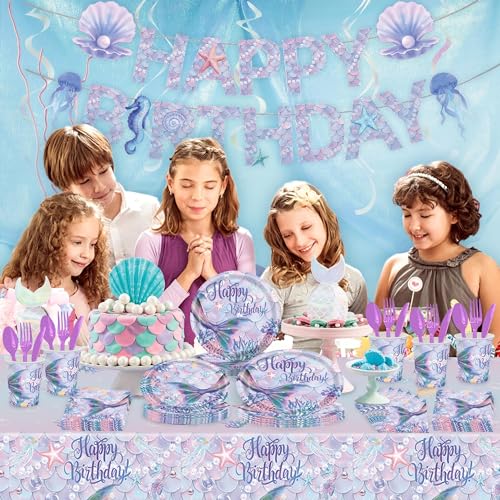 Kastwave 118Pcs Mermaid Birthday Party Supplies Decorations Set Includes Plates, Napkin, Fork, Cup, Tablecloth, Banner For Baby Shower Ocean Decorations, Serves 16