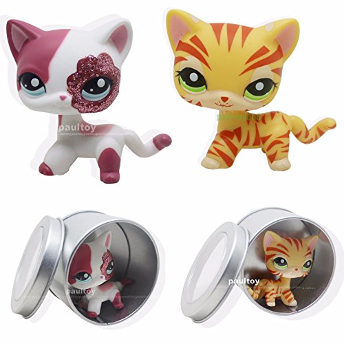 tongrou 2pcs #1451 #2291 Littlest Pet Shop Pink & Yellow Sparkle Glitter Short Hair Cat