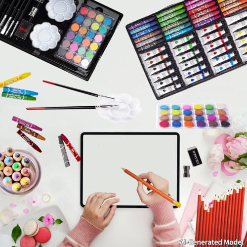 KINSPORY Briefcase Paints for Children, 139 Pieces Drawing Games, Watercolor Pencils with Wooden Box (Red)