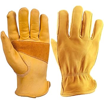 OZERO Flex Grip Leather Work Gloves Stretchable Wrist Tough Cowhide Working Glove 1 Pair (Gold, X-Large)