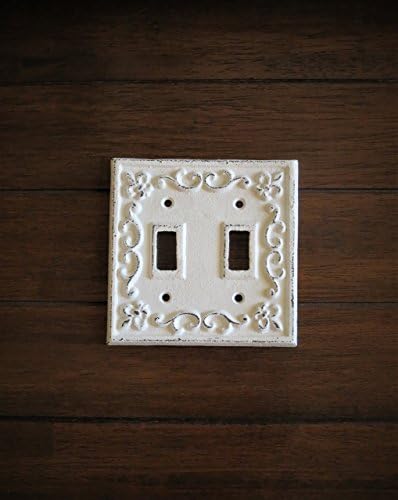 Double Toggle Switch Plate Hand Painted Cast Iron Switchplate Cover Antique White Distressed Fleur de Lis Style