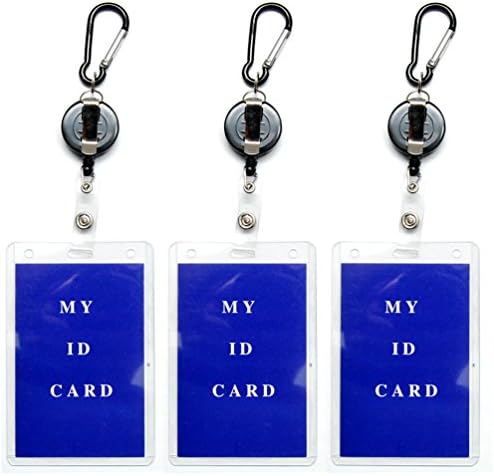 Favorict (3 Pack) 24" Self Retracting Reel ID Badge Plastic Hard Clear Case and Name Tag Keychain with Carabiner Keychain, Belt Clip