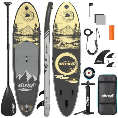 ALLPICK Premium SUP Board Set, Stand Up Paddling Board Aufblasbar, Mit Universal Kamerahalterung, Komplettes Zubehör, Verstellbares Paddel, Anfänger,